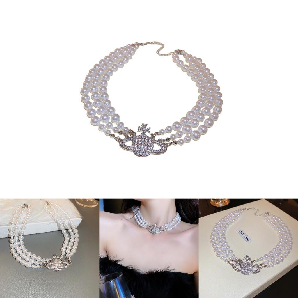 Špičkový vícevrstvý perlový náhrdelník v korejském stylu s přívěskem Saturnu