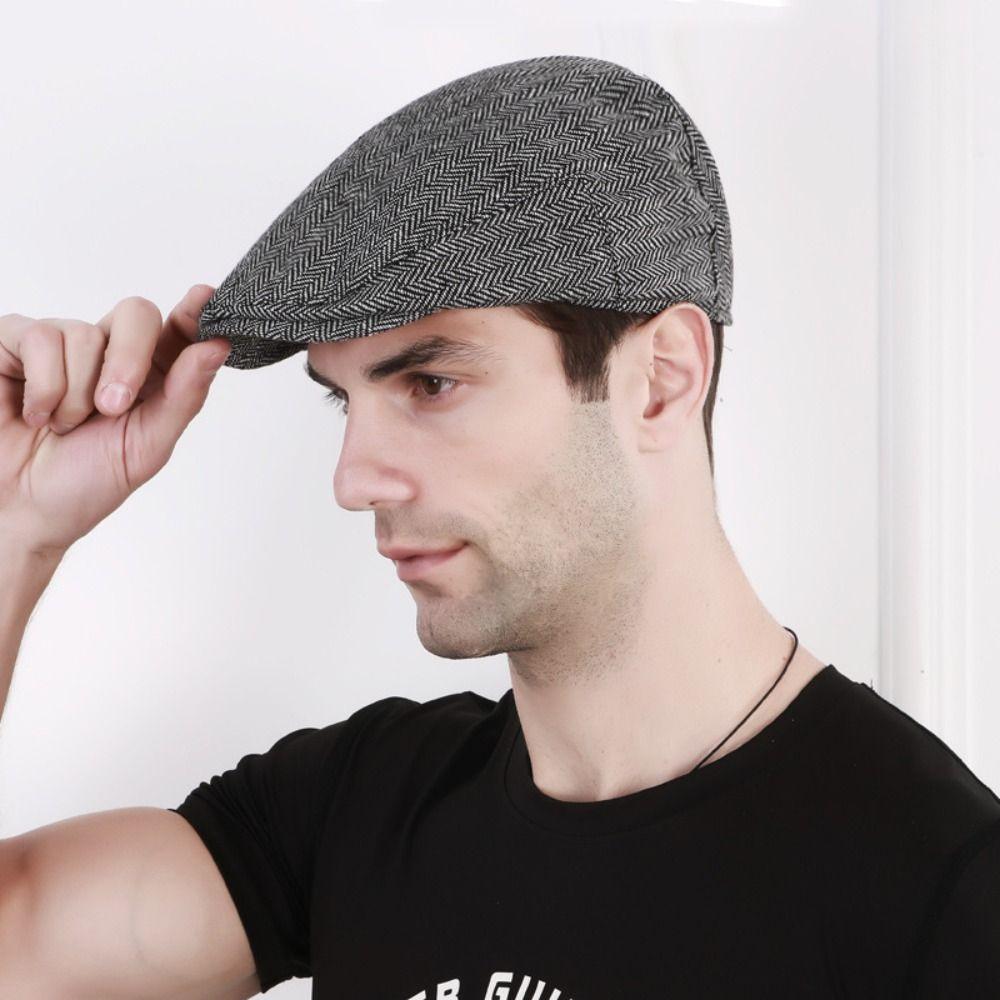 Flat Top Painter Hat Herringbone Newsboy Cap Casual Men Beret  Male