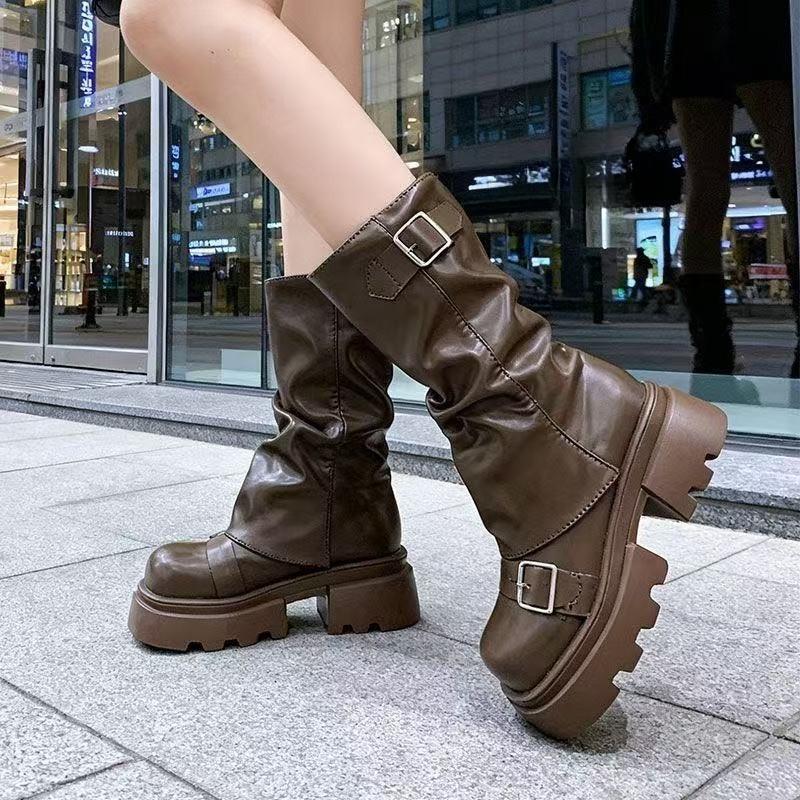 High Boots  Round Toe Sleeve Platform Belt Buckle Platform Anti-Slip Wear-Resistant Block Heel Shoes