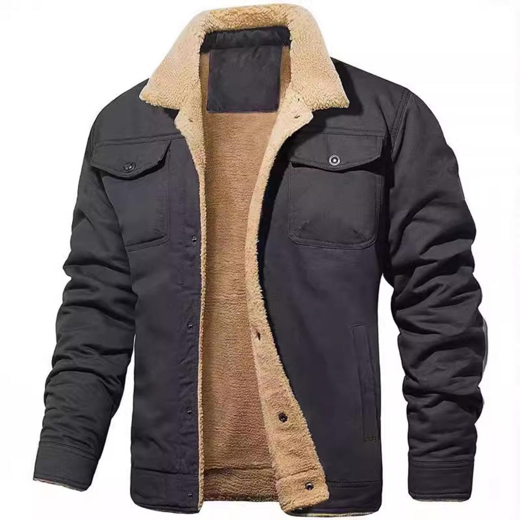 Men's Winter Turndown Collar Jacket Thick Fleece Lined Parka Coat with Multiple Pockets