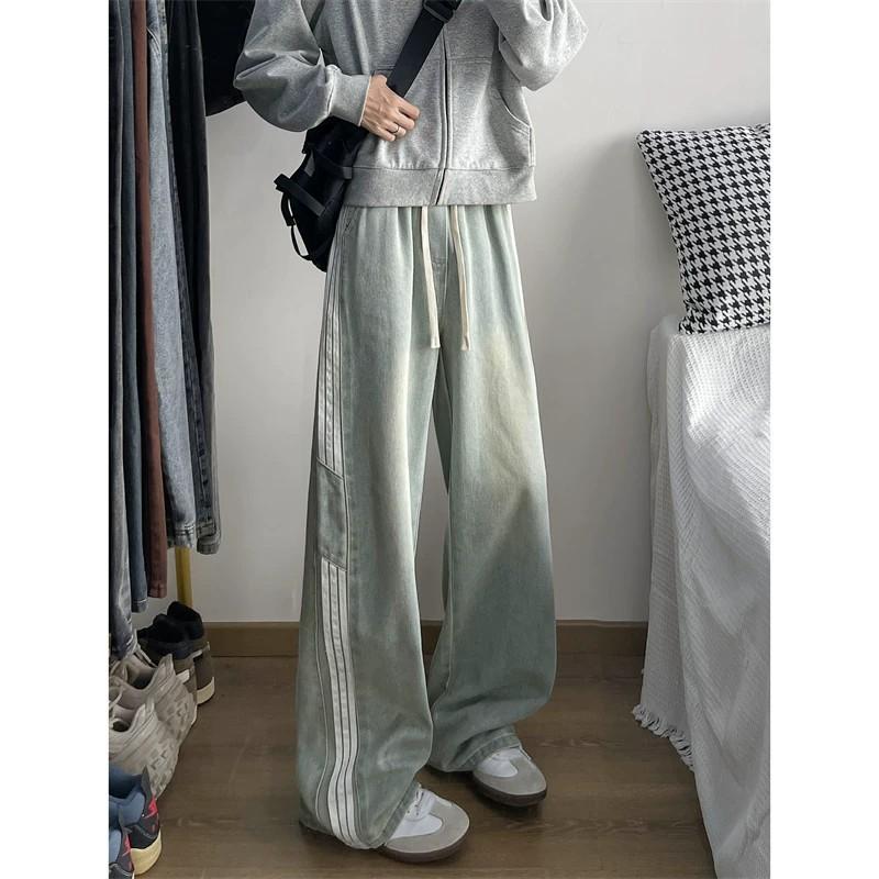 Mens Vintage 3-Stripes Washed Jeans Loose Wide Leg Streetwear Casual Pants