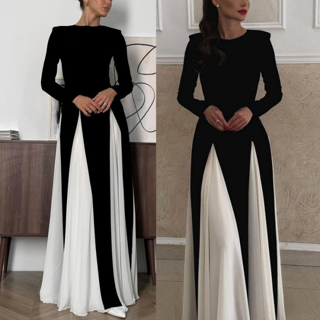 Fall Winter New European American Women's Clothing, Crew Neck Colorblock Long Sleeve High Waist Slim Elegant Vintage Evening Dress