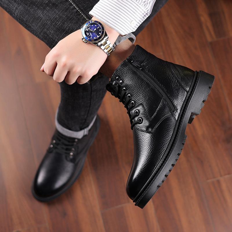 Martin Boots Men's Winter Black Tooling British Style Recreational Locomotive Leather Boots Men's Non-slip Velvet Thermal Cotton Boots