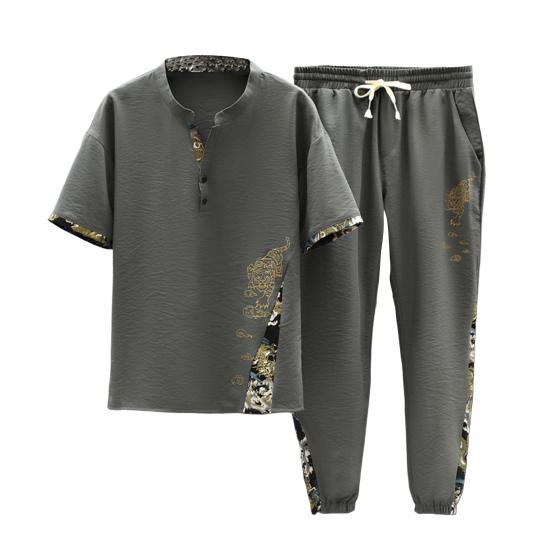 2Pcs/Set Men Summer Outfit Stand Collar Short Sleeve T-shirt Elastic Waist Drawstring Ice Silk Pants Set Tiger Print Casual Suit