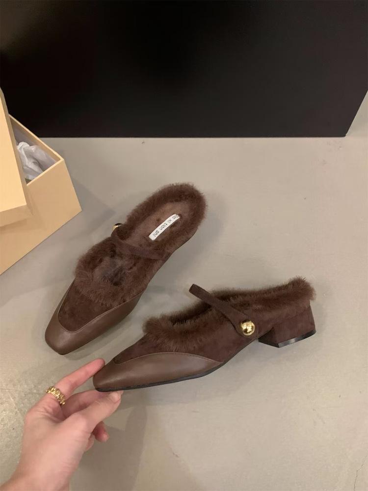 Fashion Hot Selling Shallow Mouth Square Toe Shoe Woman 2025 Elegant Casual Female Sneaker Flats Loafers Fur New Winter On Heels Stretch