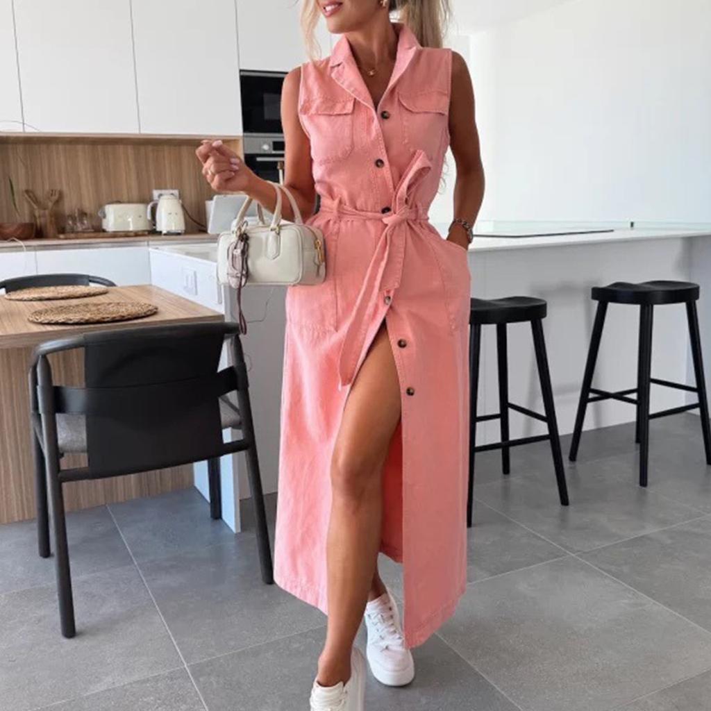 Ladies' Casual and Fashionable Sleeveless Waist Cinched Single Breasted Denim Dress