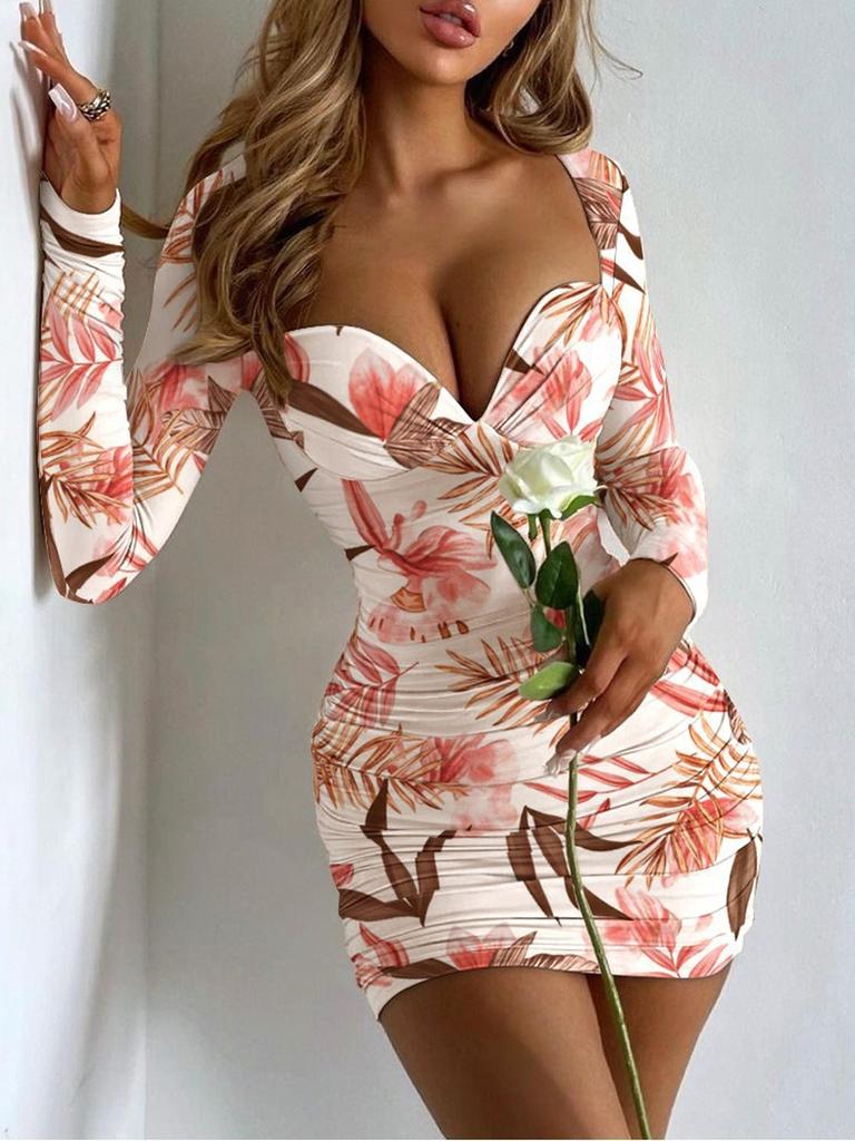Autumn New Women's Fashion Long Sleeve Crew Neck Sexy Low-Cut Slim Fit Bodycon Printed Dress for Women