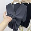 Dames T-shirt met Korte Mouwen IJszijde Elastisch Gebreid Design Knoopjes T-shirt