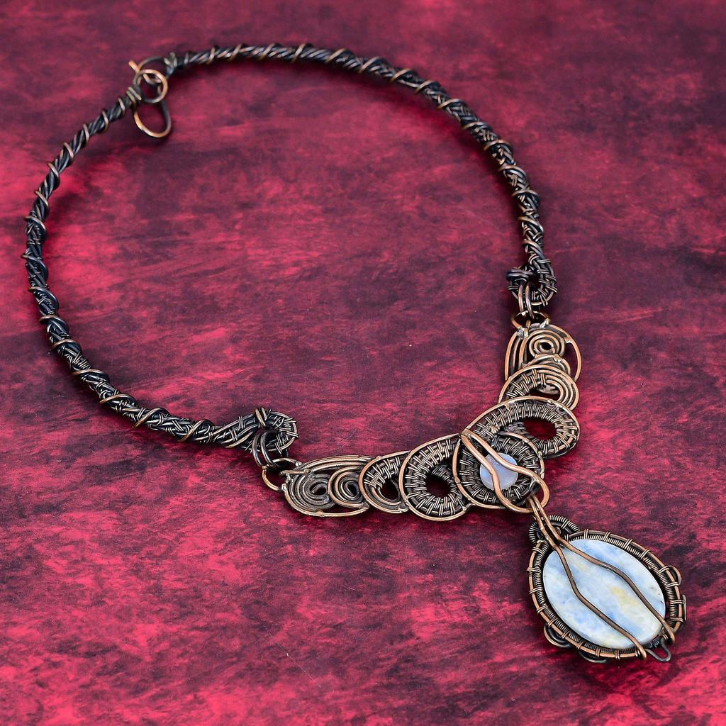 Blue Scheelite Necklace Copper Wire Wrapped Gemstone Jewelry Rainbow Moonstone Necklace Copper Handmade Necklace Gifts for Mom Wire Necklace