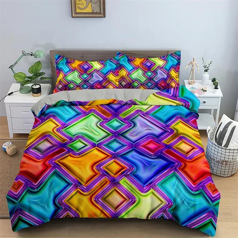 Abstract Geometric Rainbow Plaid Comfortable Duvet Quilt Cover Pillowcase Bedding Set Children Bedroom Decoration Home Textile