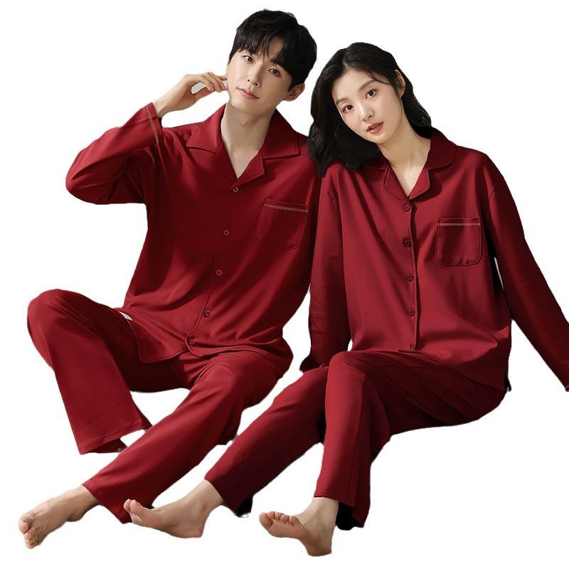 Red wedding couple pajamas women's spring and autumn pure cotton long-sleeved newlywed men's simple cardigan loungewear set