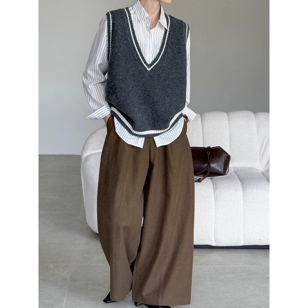 DIMANAF 2025 Plus Size Sweaters Vest Autumn Women Solid V-Neck Sweaters Knitting Loose Grey Beige Sweater