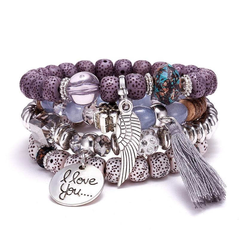 4pcs/set Multilayer Bracelets Bohemian Charm Beads Wings Tassel Bracelet Bangles Set for Men Women