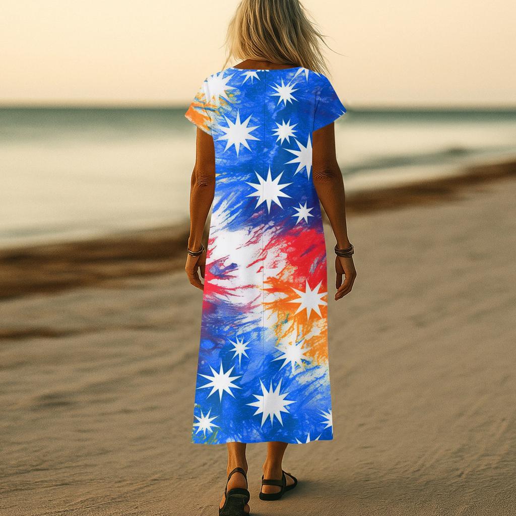 Women’s V Neck Short Sleeve Maxi Dress with Star and Stripe Print Loose Fit Casual Long Dress for Summer