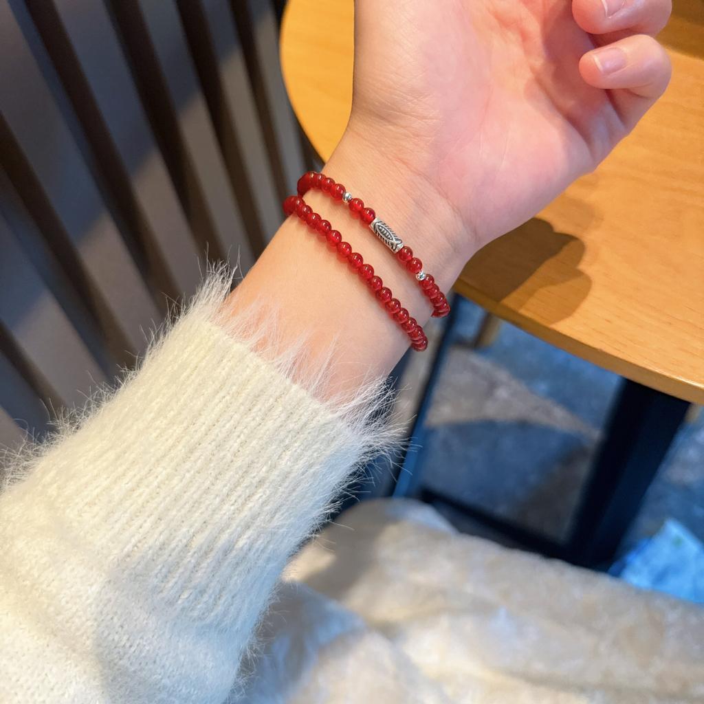 Red Agate bracelet9Pure Silver Chalcedony Crystal Beaded Bracelet, Zodiac New Chinese Style National Style Bracelet