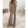 Women's Loose Fit Two-piece Outfit Long Sleeve Off-the-Shoulder Top Drawstring Waist Wide Leg Pants Ribbed Knit Loungewear Set