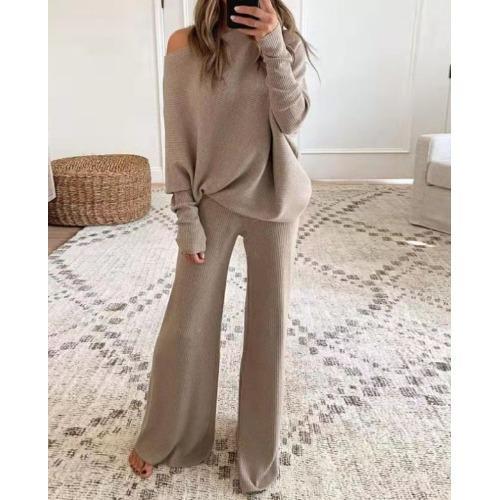 Women's Loose Fit Two-piece Outfit Long Sleeve Off-the-Shoulder Top Drawstring Waist Wide Leg Pants Ribbed Knit Loungewear Set