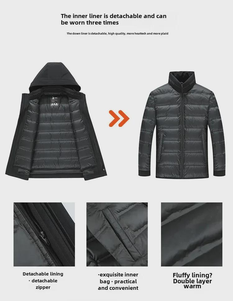 Herren-Winterjacke mit Gänsedaunen und Kapuze: Warmes, verdicktes, herausnehmbares Futter, ideal für Menschen mittleren Alters und ältere Menschen, 3-in-1-Kleidung.