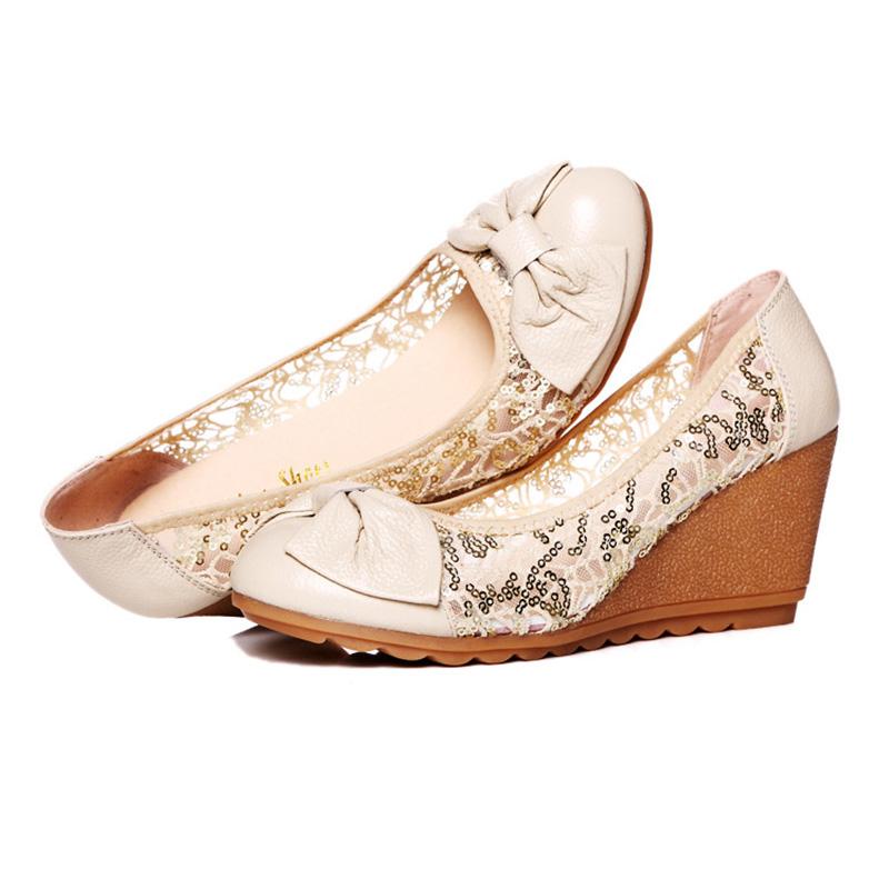 Pravá kůže Vysoké podpatky Ženy Boty na klínu Ležérní Žena Letní Boty Elegantní Dámy Na klínku Pohodlné Dámské Sandály A1553