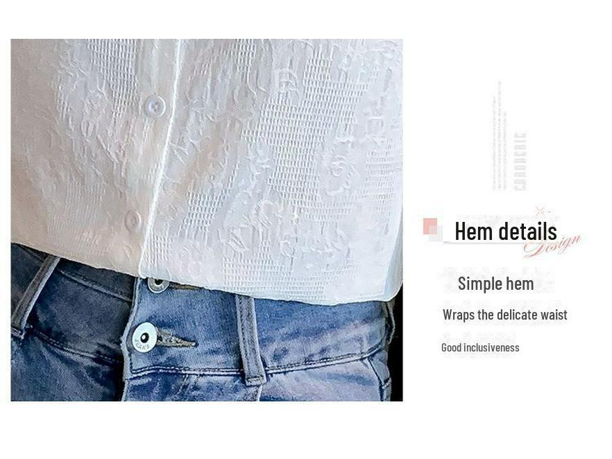 Spring & Autumn 2024 Women's Jacquard Cotton Shirt with Ruffled Collar - Fashionable & Versatile