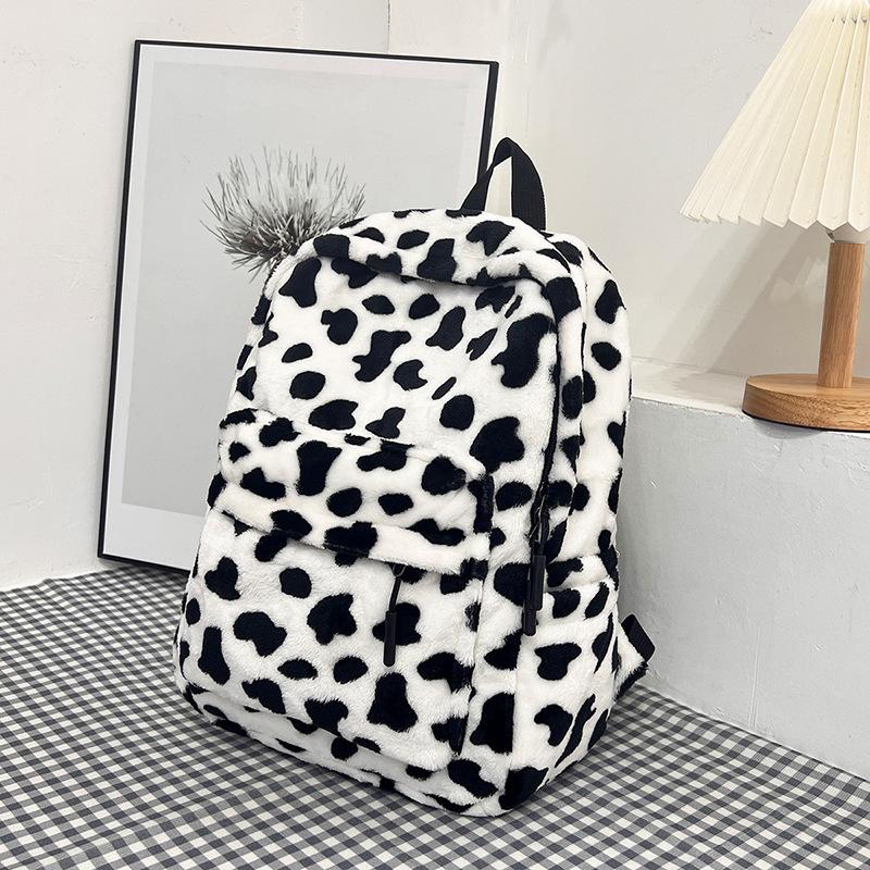 Lässiger Plüsch-Schulrucksack mit großer Kapazität, Leopardenmuster und Kuhmuster, Herbst-Winter-Felltasche, süßer Freizeit-Rucksack für Mädchen