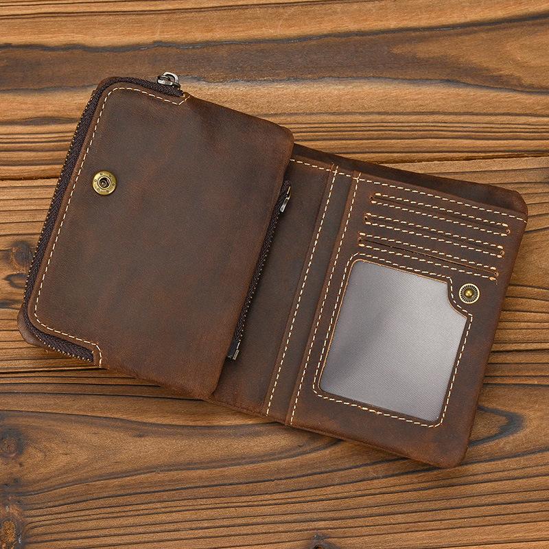 New Retro Leather Short Wallet with Zipper Change Bag Snap Button Wallet Crazy Horse Leather 20% Off Multi-card Wallet