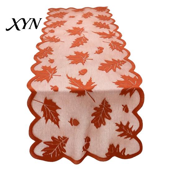 Fall Harvest Table Decor Runner Decorations, Maples Leaves Lace Orange Seasonal Dining Room Tablecloth Runner, Autumn Thanksgiving Decorations