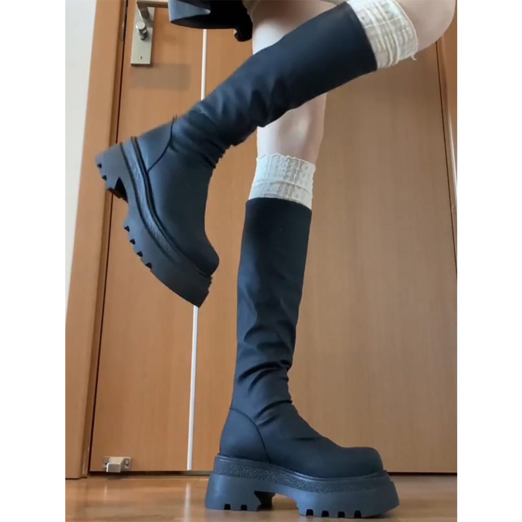 Thick-Soled But Knee-Thin Boots Retro Black Boots Tall Knight Boots Heightening Versatile Stacking Boots