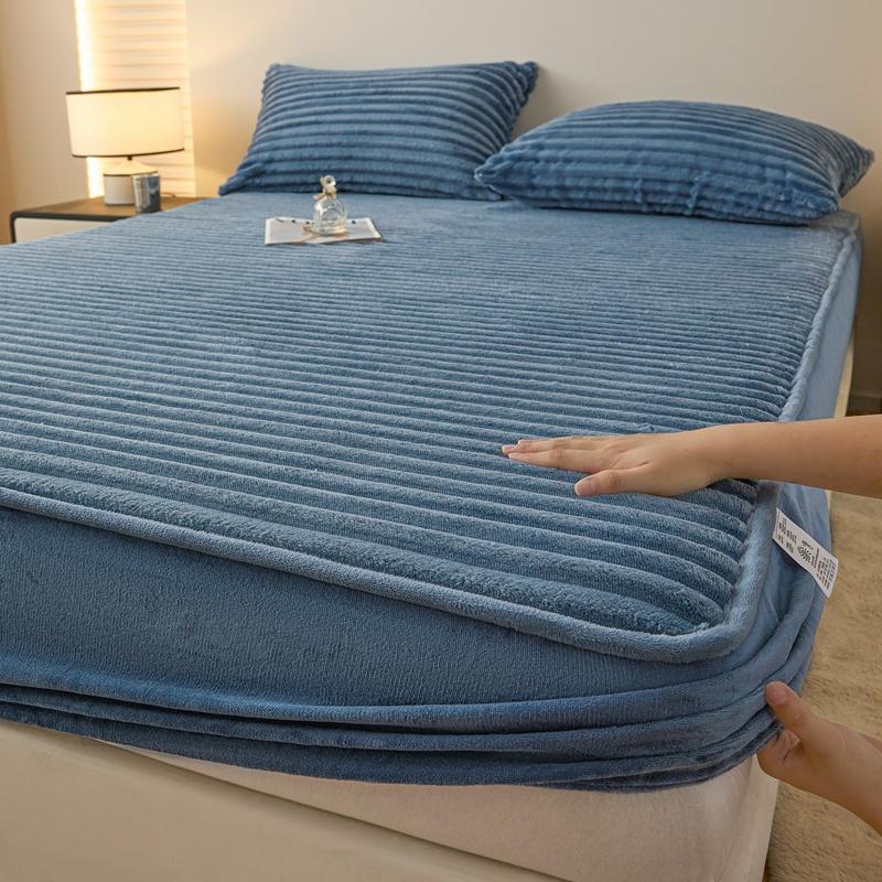 Fluffy Plush Fitted Bed Sheet with Elastic Band Solid Color Mattress Protective Cover Thick Bedspread for Single Double Bedsheet