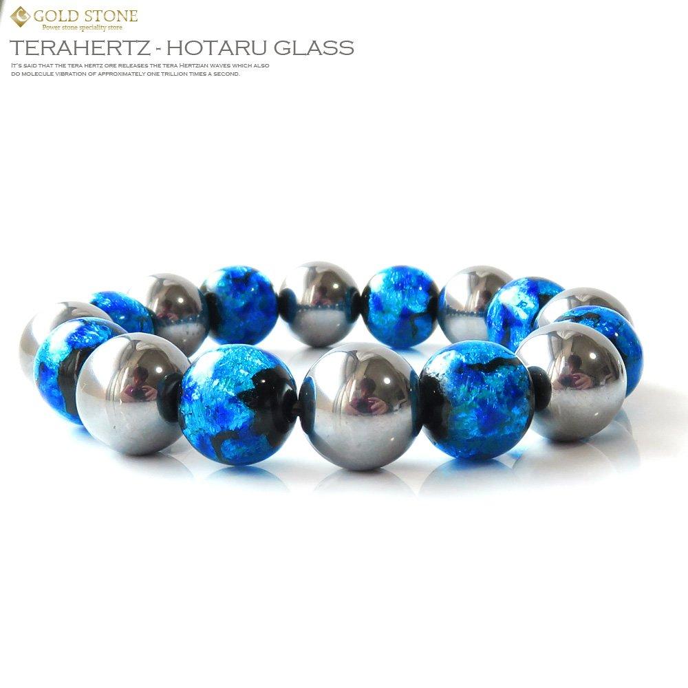 [GOLD STONE] Terahertz Ore X Luminous Firefly Glass Blue Bracelet, 12mm, Glow-in-the-Dark Power Stone, Inner Diameter: Approx. 18cm