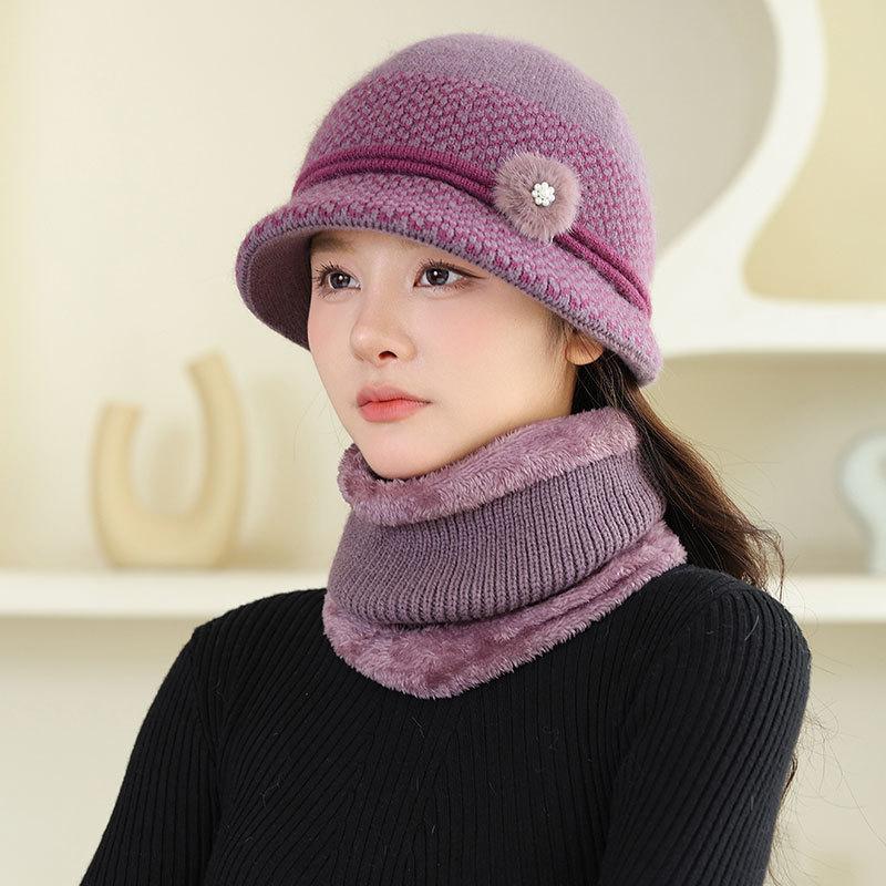 Fleece Warm Hat Ladies Mom Rabbit Plush Fashion Knitted Scarf Basin Hat Winter Grandma Windproof Hat