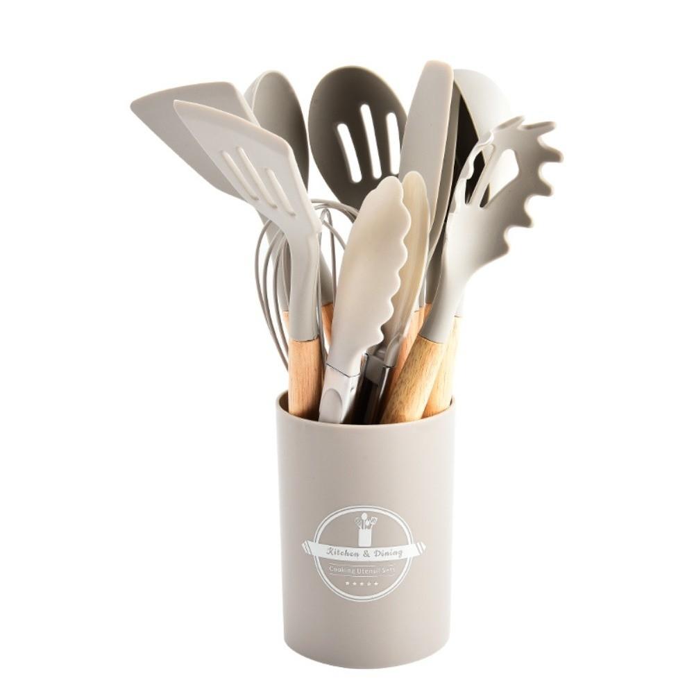 

12pcs Heat-Resistant 12-piece Set Kitchen Utensils Multi-functional Save Space Silicone Kitchenware Set Wooden Handle хакі