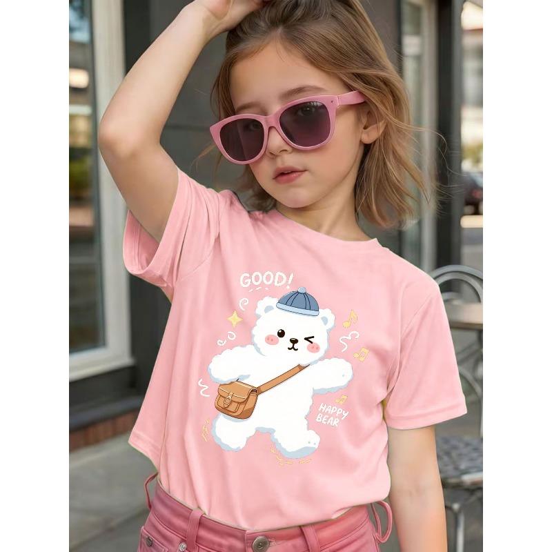 Girls Cute Winking White Bear Print Crewneck Tee