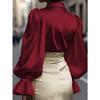 New Elegant Commuter Puff Long Sleeve Lapel Satin Womens Shirt Casual Loose Office Blouse New Lapel Simple Fashion Solid Color Tops