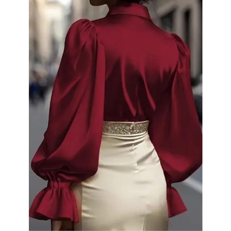 New Elegant Commuter Puff Long Sleeve Lapel Satin Womens Shirt Casual Loose Office Blouse New Lapel Simple Fashion Solid Color Tops