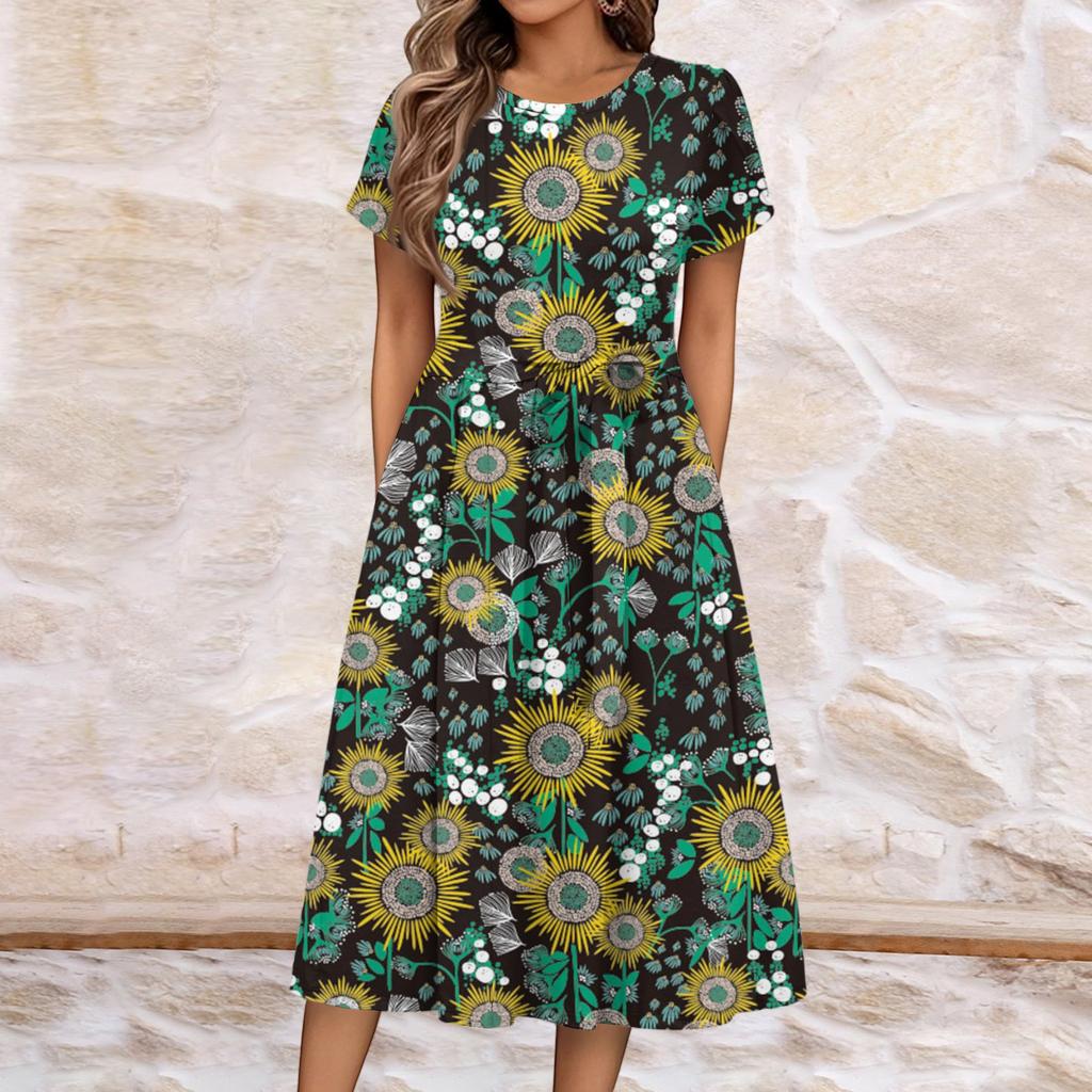 Women's Summer  Casual Floral Print  Round Neck Midi Dress Basic Classic Outdoor Everyday Short Sleeve Loose Dress