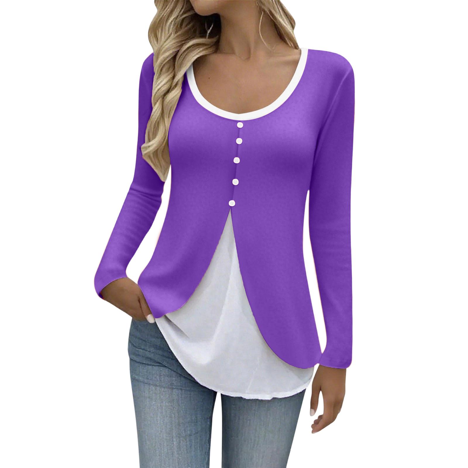 

Women s Casual Fashion U-neck Contrast Color Long Sleeve Button T-shirt XL