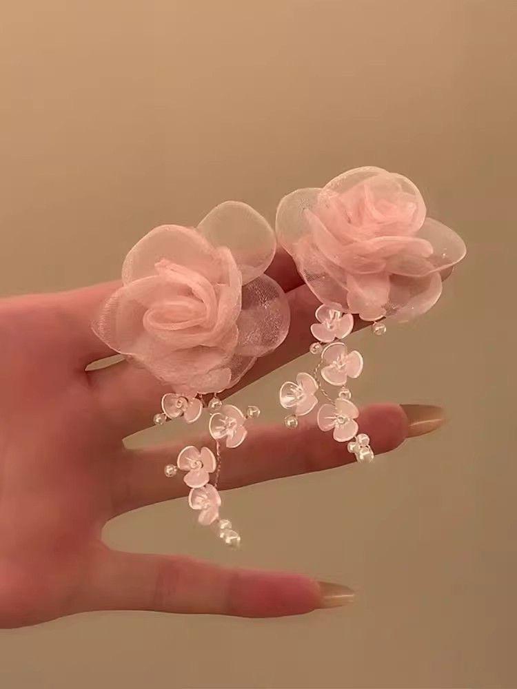 Pink Flower Tassel Clip-On Earrings - Elegant, Fairy-Inspired Design for Women