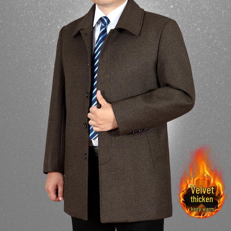 Men's Classic Wool Coat - Mid-Length, Thickened Cashmere for Autumn/Winter, Ideal for Middle-Aged & Elderly.