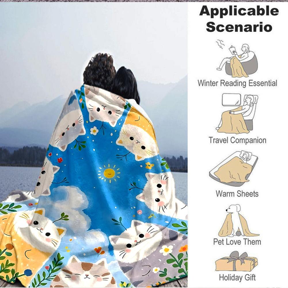 1pc Cats Flowers Lightweight Flannel Blanket, Comfortable and Warm Blanket, for Office and Camping Sofa Bed, Livingroom062
