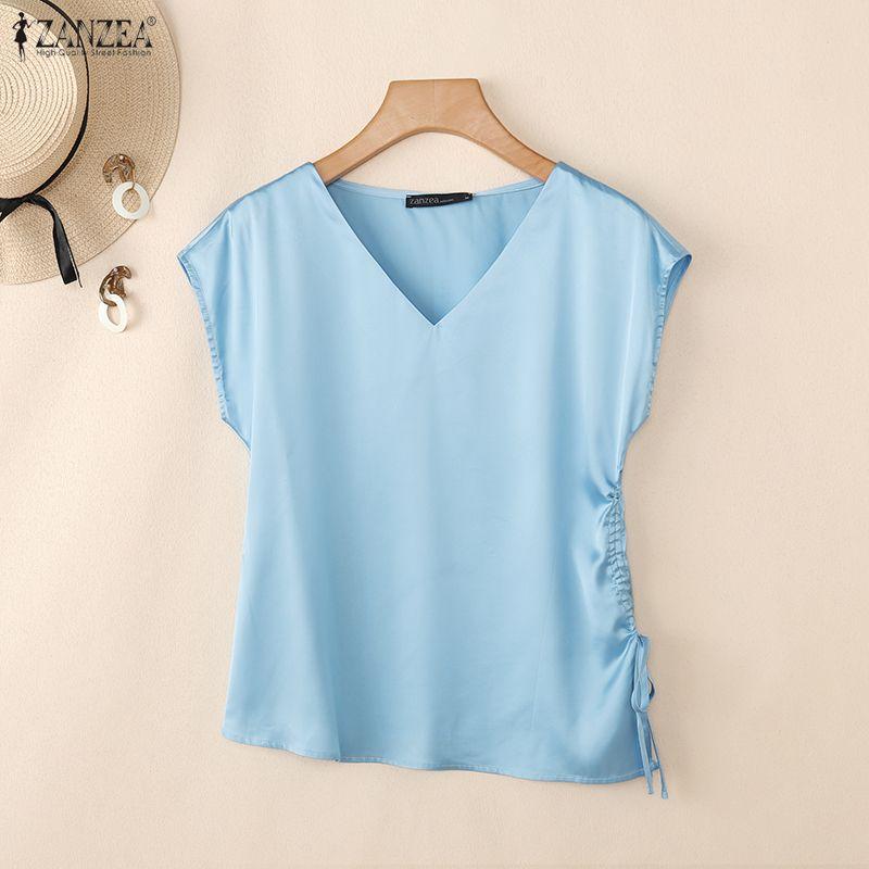 ZANZEA Womens Casual V-Neck Solid Color Drawstring Hem Loose Short Sleeve Blouse