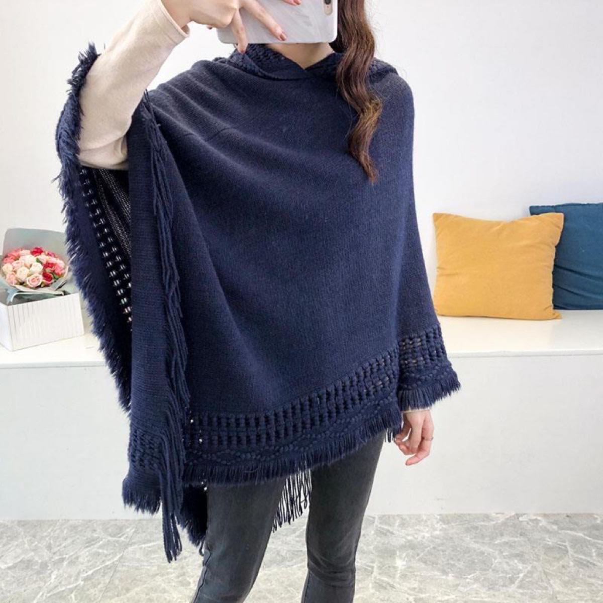 

2023 Женская накидка-шаль с капюшоном и кисточками — размер плюс, однотонная, свободный крой 60-80cm