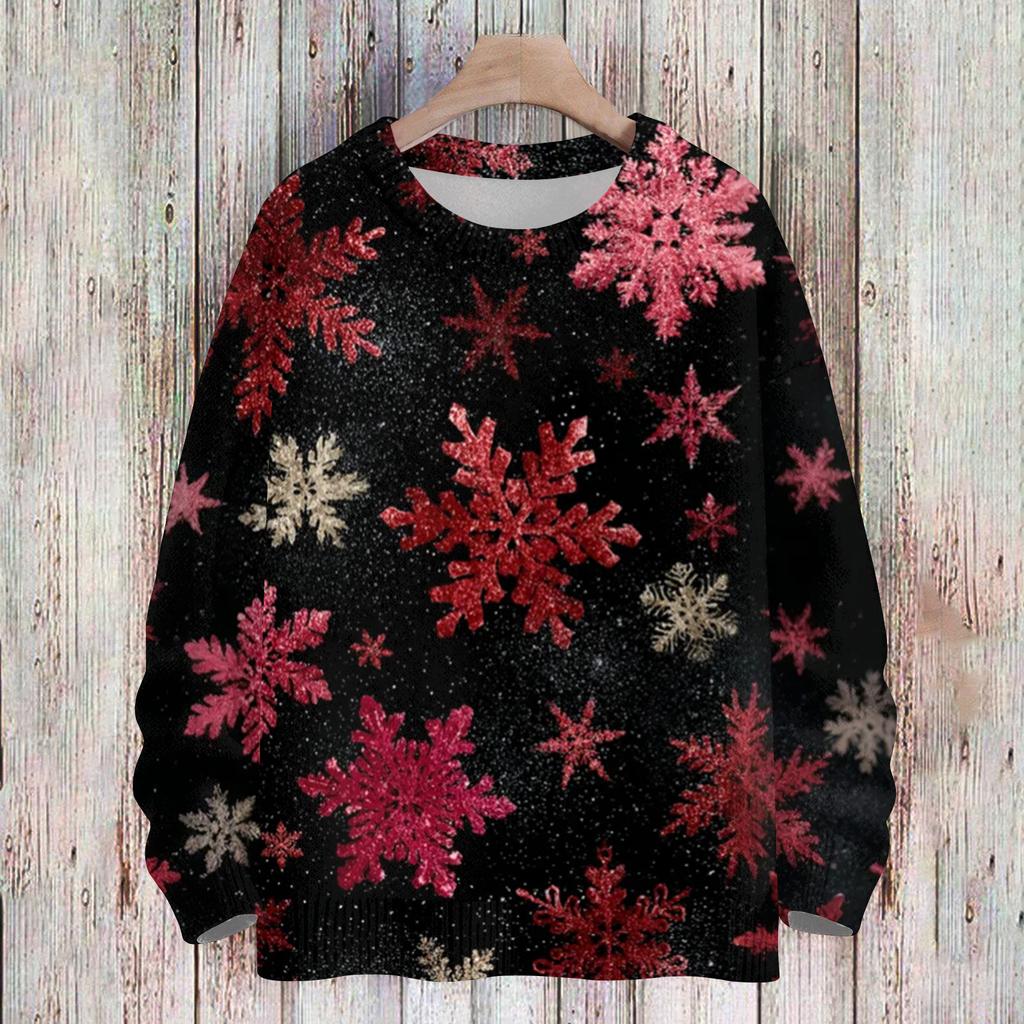 Ladies' Fashionable And Casual Christmas Cute Printed Round Neck Long Sleeved Knitted Yarn