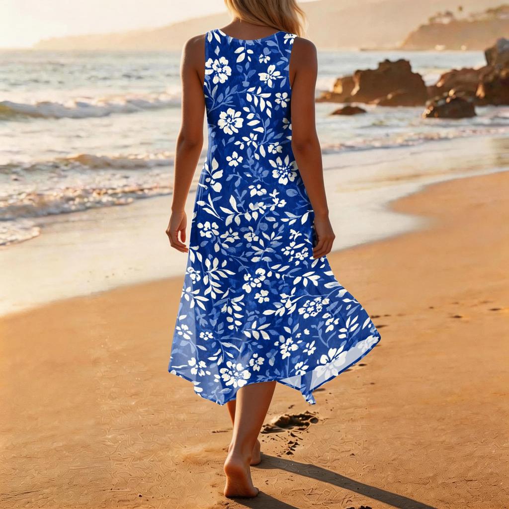 Women Sleeveless Casual Floral Print Dress Round Neck Irregular Hem Mid Length Summer Dress