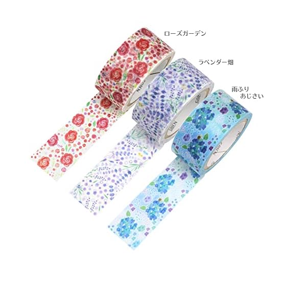Kamiiso Sansho Masking Tape SAIEN Original 3-Pattern Set (Rose Garden, Lavender Field, Rainy Hydrang