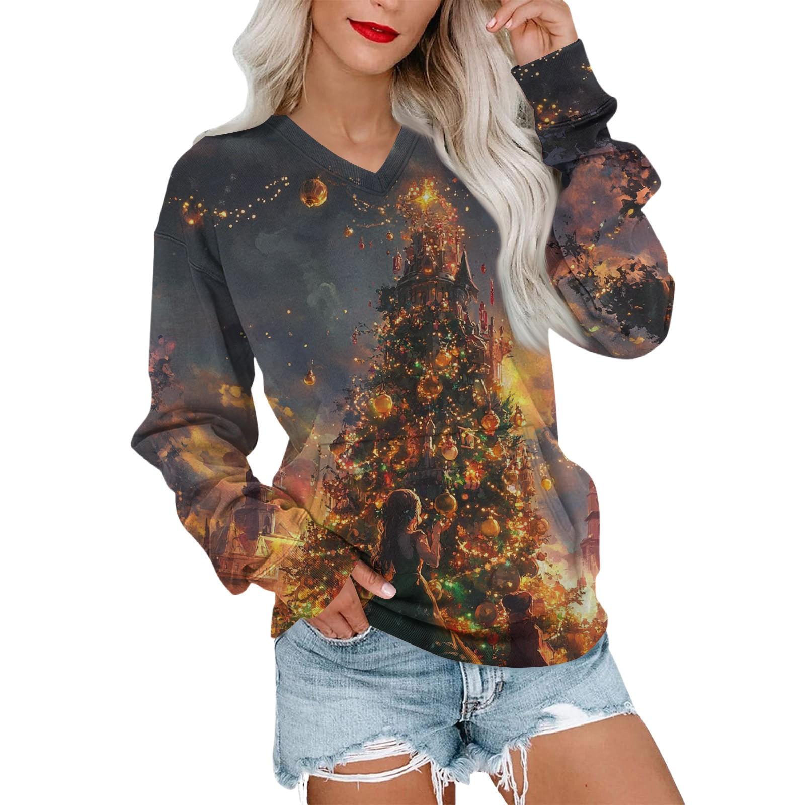 

Женская рождественская толстовка с V-образным вырезом, длинный рукав, повседневный легкий пуловер M киноварь