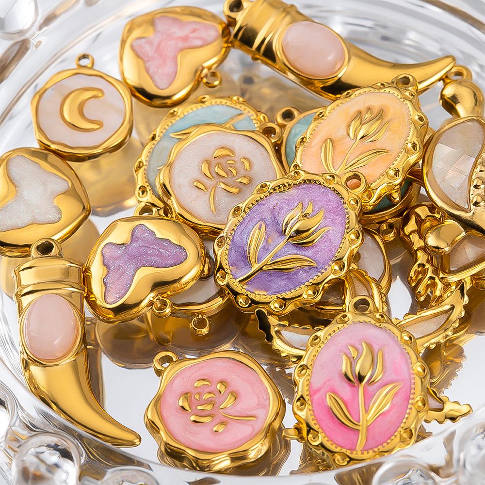 2pcs Stainless Steel White Pink Enamel Rose Flower Heart Necklace Charms for DIY Earring Jewelry Material Making Pendant Supplie