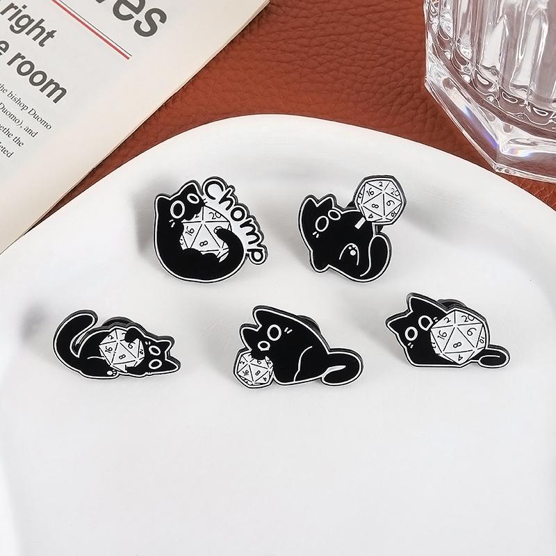 Cool RPG Game Dice Black Cats Enamel Pins Cartoon Big Eyes Kitten Animal Brooches Lapel Badge Fashion Jewelry Gifts For Friends