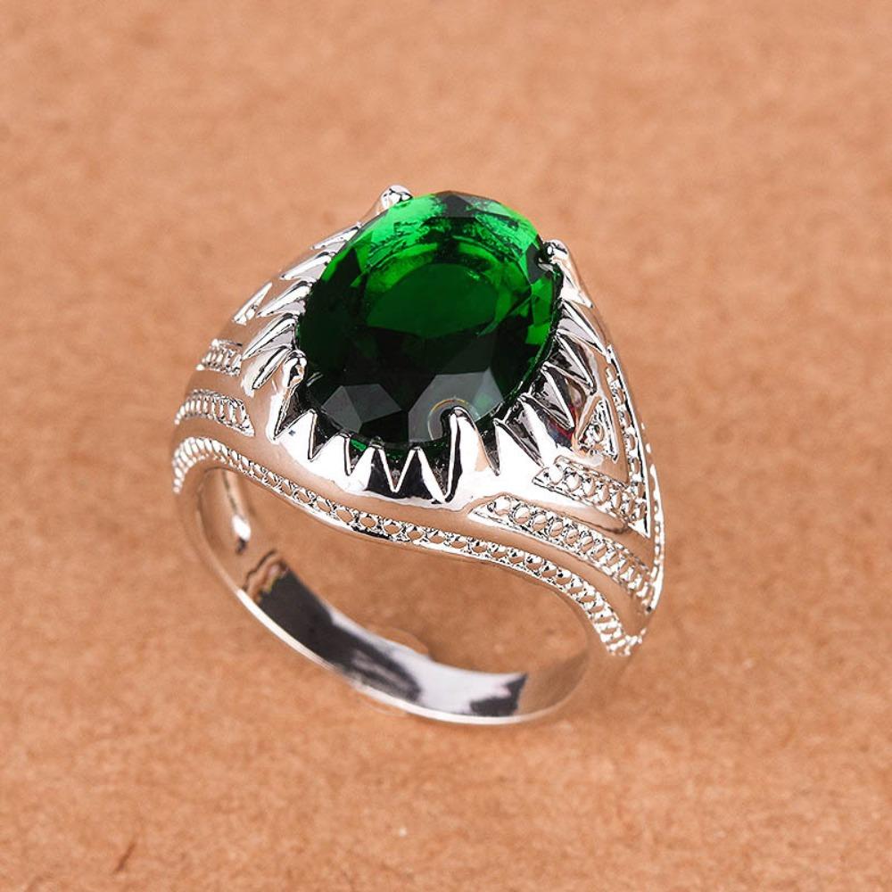 Vintage Emerald Ring for Men Sterling Silver Green Gemstone Bohemian Style Jewelry