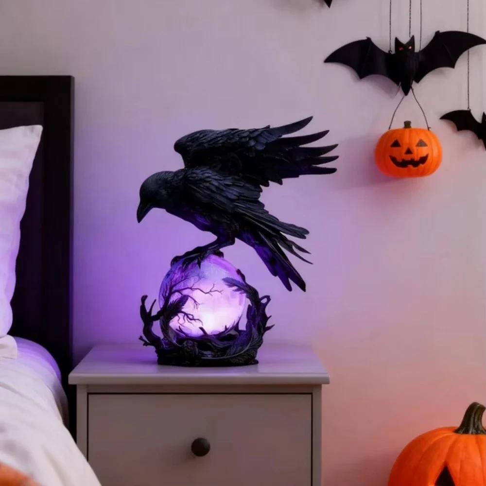 Raven's Moonlight Gothic LED Lamp Black Crow Statue Glowing Halloween Home Creative Decorations Table Lamp Scary Ornaments